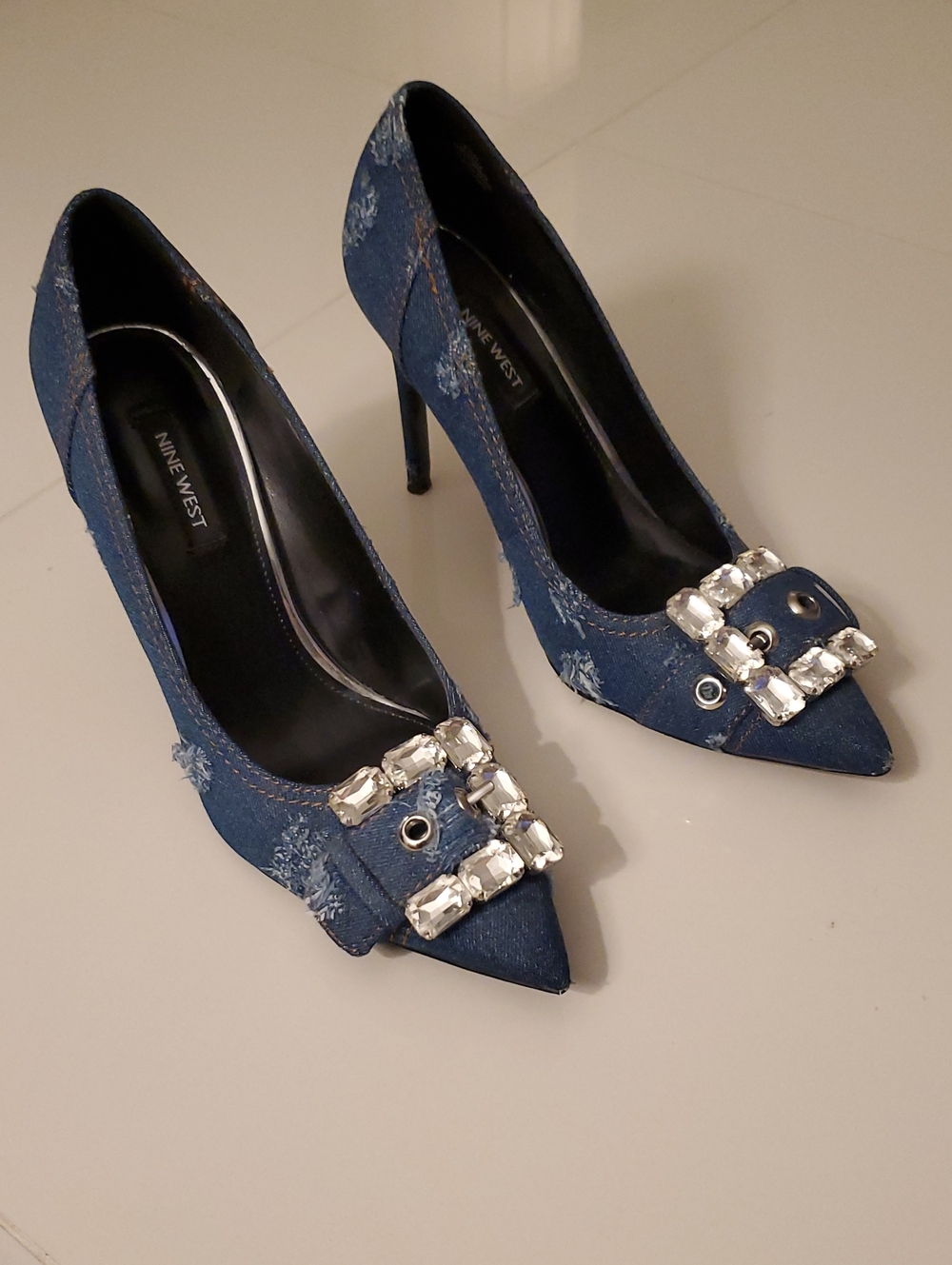 Nine West Denim Pointed-Toe Crystal Buckle Stilettos